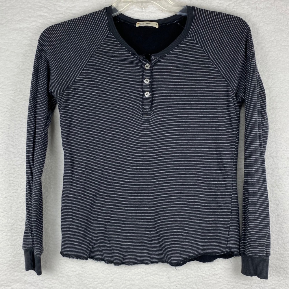 Marine Layer Womens‎ Small Navy Striped Raglan Henley Long Sleeve Top Soft Blend